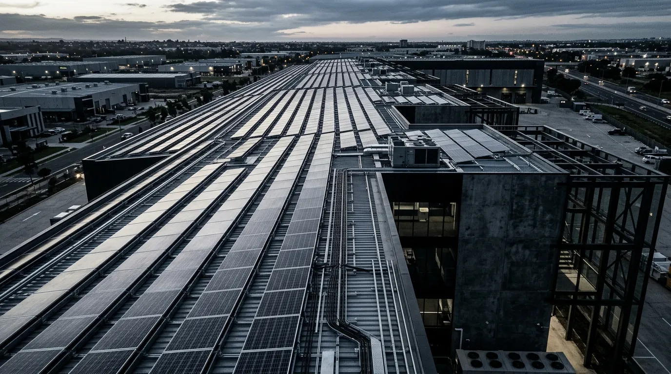 Luftaufnahme großflächiger Solarmodule auf Gewerbedächern in der Dämmerung