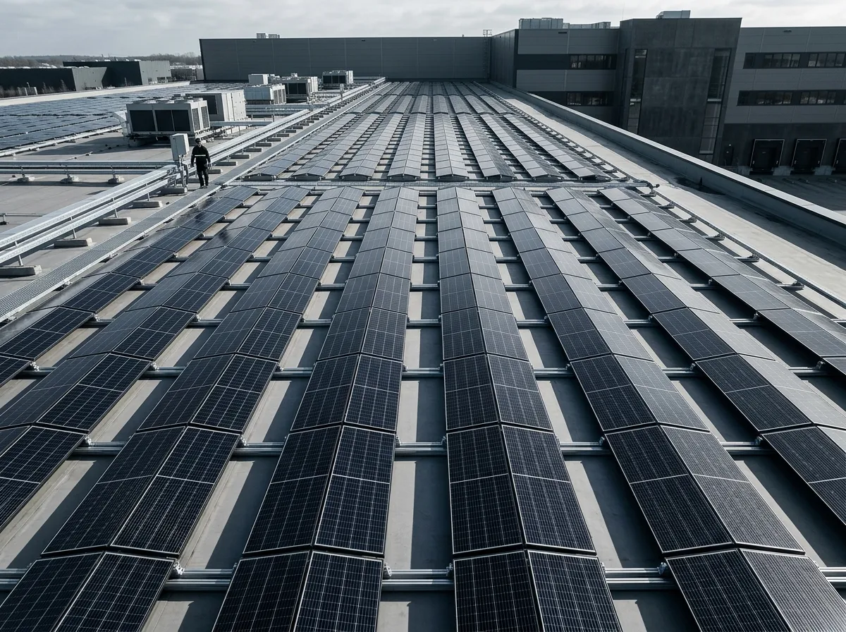 Solarmodule in langen Reihen auf einem Flachdach eines Gewerbegebäudes